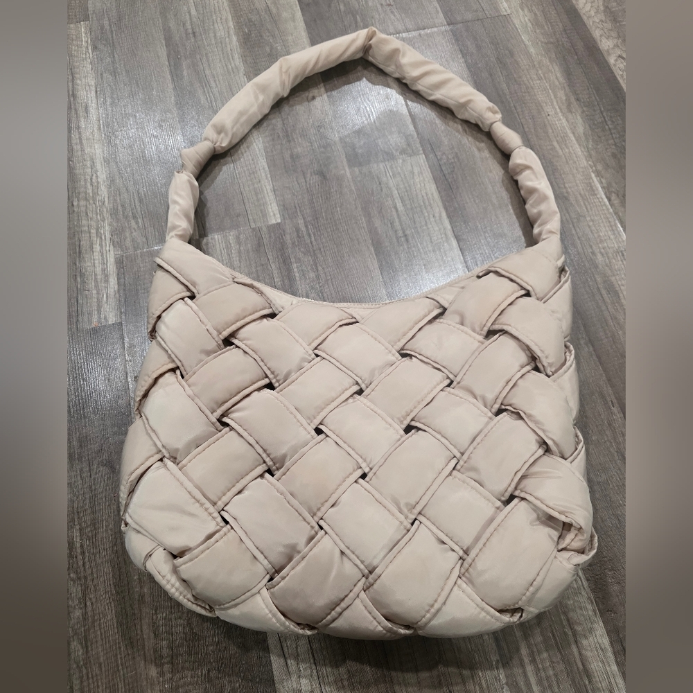 House Of Harlow 1960 Neutral XL Woven Nylon Shoulder Bag Intrecciato Y2k Tan